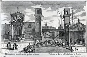 Vista de las puertas en la entrada del Arsenal en Venecia, publicado por Martin Engelbrecht, c.1740s de German School